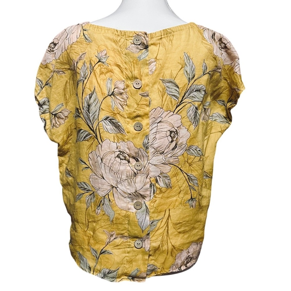 Nicole Miller Yellow Floral 100% Linen Button Back Top XS Cottage Lagenlook Chic - Picture 2 of 10